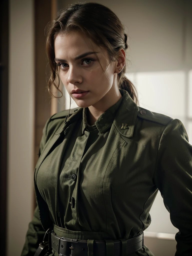 hayley atwell, military uniform, holding rifle, hair tied up, detailed face, beautiful eyes, beautiful lips, lean muscular body, serious expression, dramatic lighting, cinematic, photorealistic, 8k, high quality, hyper detailed