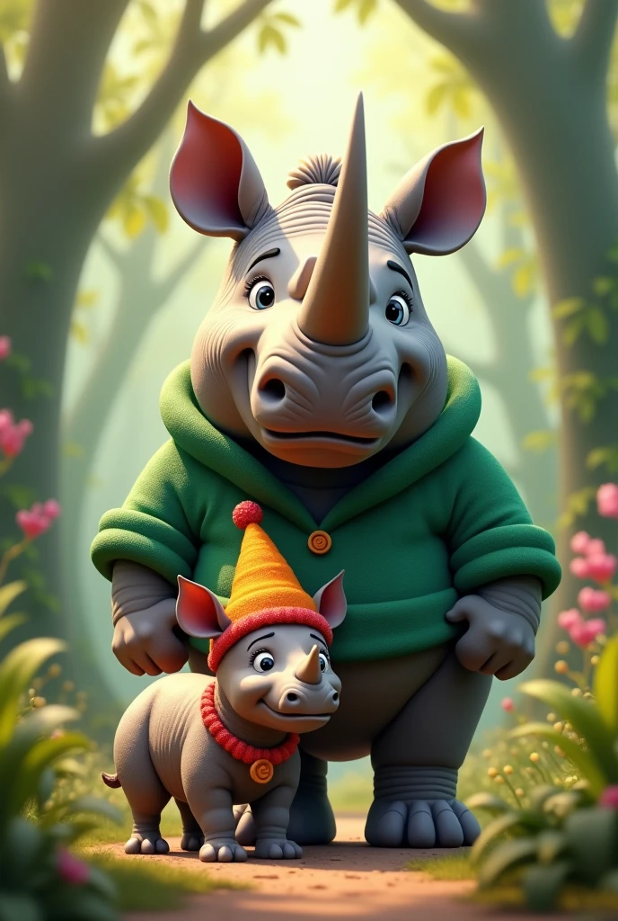 create a rhino with a green blouse and a baby rhino with a cap