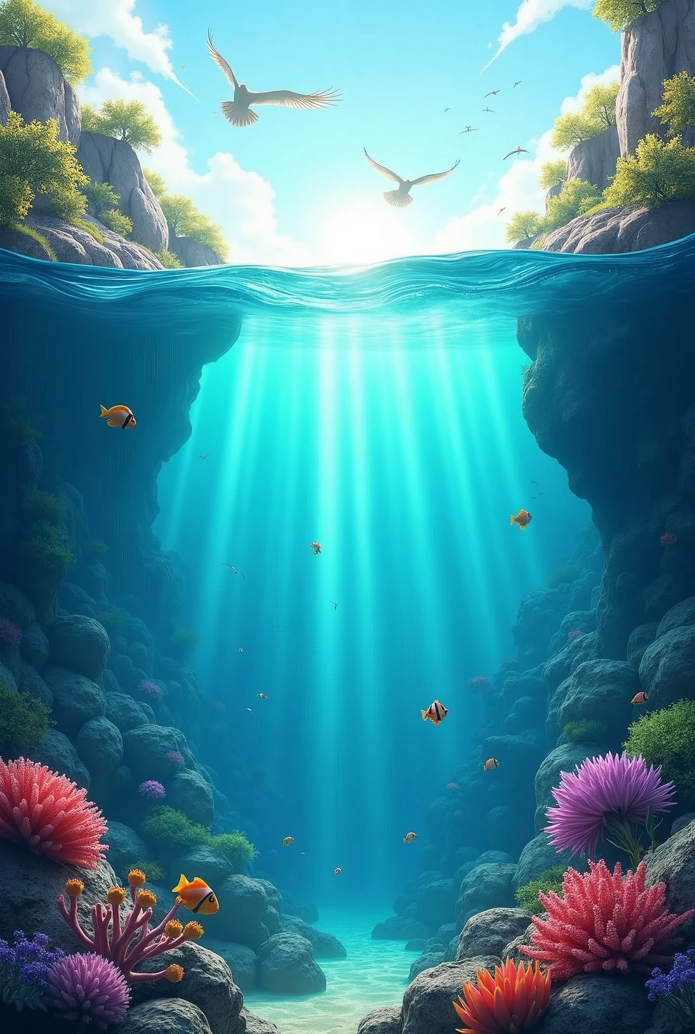 a beautiful underwater scene with a half underwater and half above water view, highly detailed, vibrant colors, 3d, pixar disney animation style, crystal clear water, underwater plants and coral, fish swimming, sunlight streaming through the water surface, birds flying above the water, serene and peaceful atmosphere