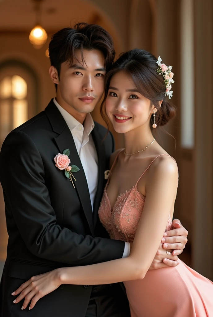 Best quality, masterpiece, High resolution, HD, super sharp face sitting , surreal,beautiful girl and handsome guy without beard, rich asian couple, 22 years old,looking towards the camera solemn and stylish, high end designer clothes with flower pins, Big smile, talent, trong bữa tối, dance a part de two