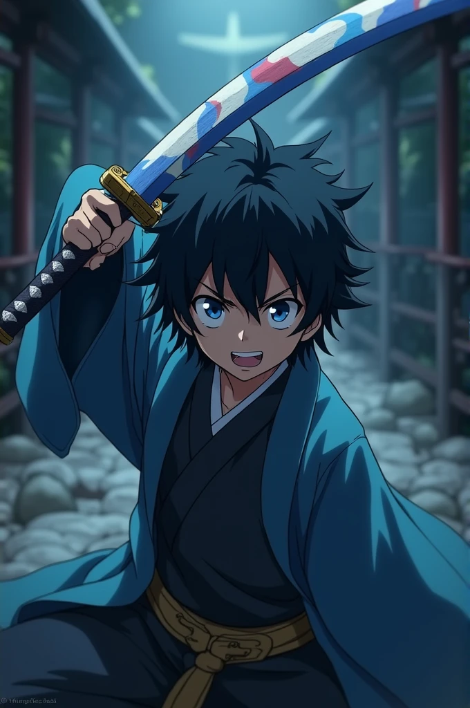 Demon Slayer Screenshot. 
Boy with black hair, white eyes, a scar on his left eye, a smile and a blue and white katana
