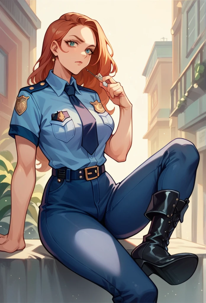 masterpiece, Highest quality, Highest quality　whole body　Patent leather long boots　feet　police　police officer　policewoman　Police　Patent leather shiny clothing　miniskirt police　Female police officer　