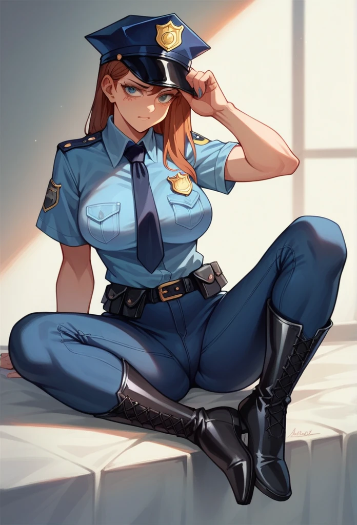 masterpiece, Highest quality, Highest quality whole body Patent leather long boots feet police police officer policewoman Police Patent leather shiny clothing miniskirt police Female police officer