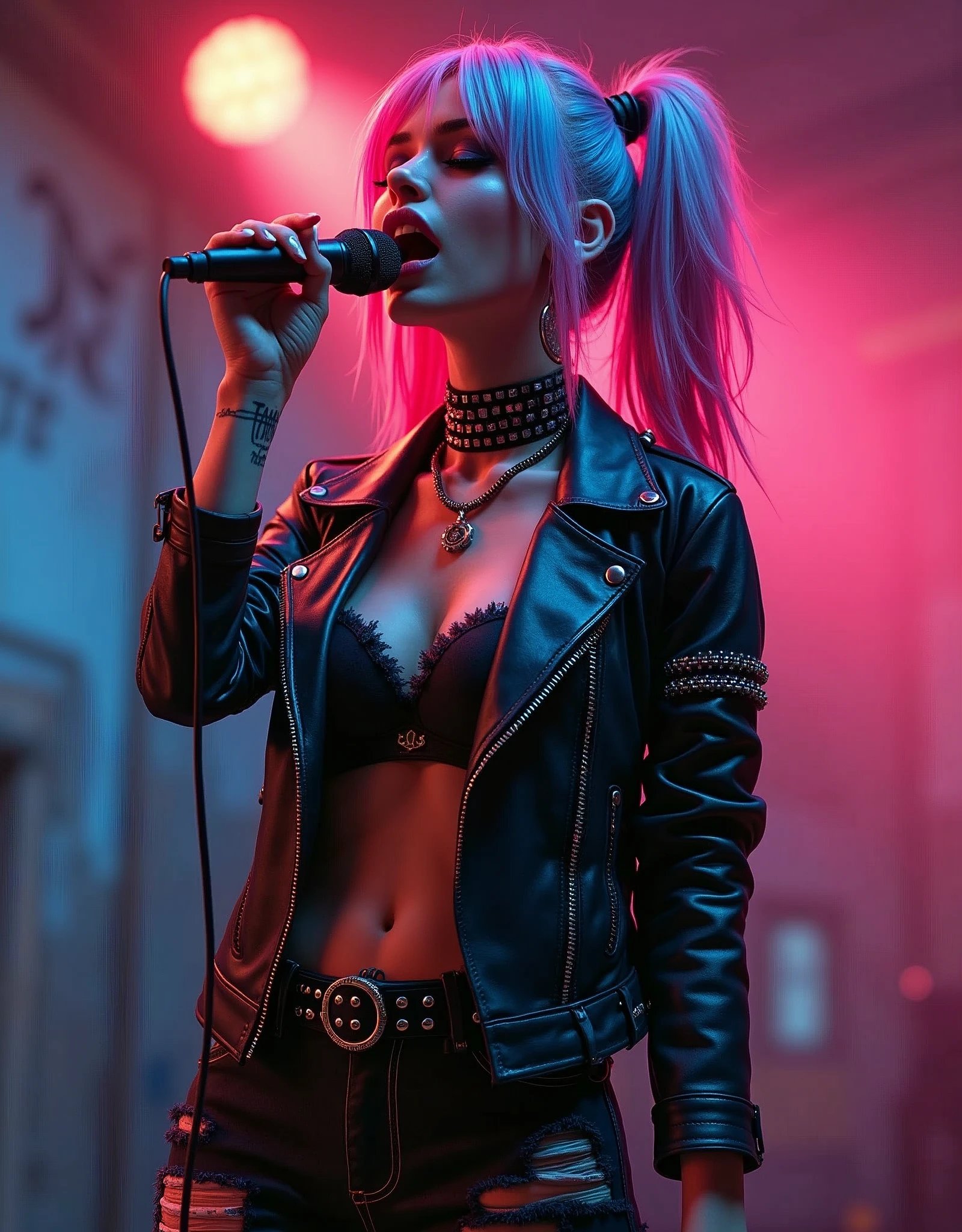 Adult "Singer" sunset nsfw (hyper realista:1.4), (insanrealista:1.3) Unparelleled Female (bright colors:1.2,high-res,masterpiece:1.2) Punk rocker girl with a rebellious attitude, vibrant pink and blue hair, dark smoky eye makeup, and studded leather jacket. [Grunge] [Raw energy] [Outfit: ripped jeans, combat boots] [Tattoos: colorful sleeve] [Attitude: confident, fierce] [Background: graffiti-covered wall, abandoned warehouse] [Stage presence: dynamic] [Music: blasting rock music] [Lighting: dramatic spotlight] [Dystopian vibes] [Electric guitar] [Spiked choker necklace] [Smoke effects] [Lip piercing] [Tattooed arms] [Confetti] [Crowd: cheering, moshing] [Dynamic poses] [Excitement: electricity in the air] [Punk rock attitude],(insane unrealengine5,epic tMasterpiece,max best quality, ultra-highdef XT3 ultra-highres),ultra-detailed,ultra sharp focus, naked, varies,multi, etc. --v 6 --s 1000 --c 20 --q 500 --chaos 100