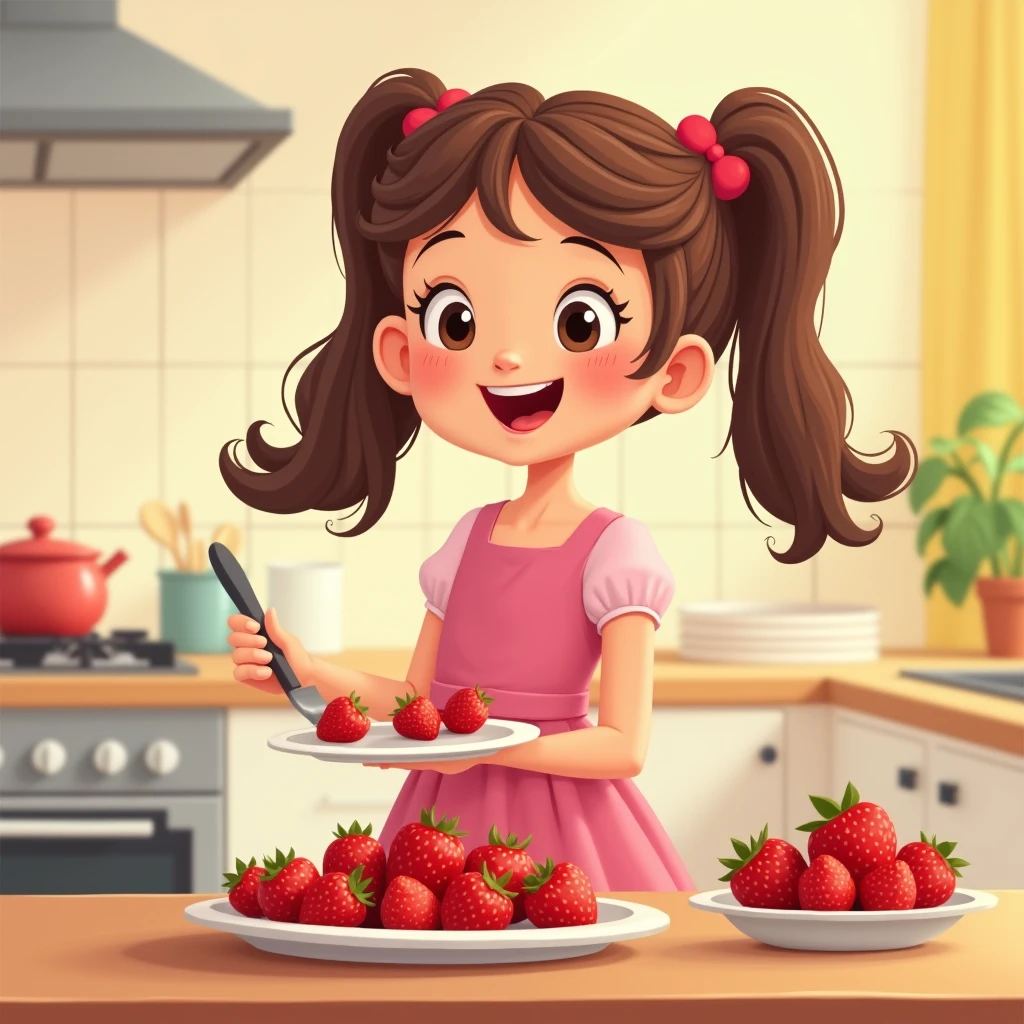 cartoon style, happy young girl 5 years old, wearing pink dress in home holding strawberrys plate 
