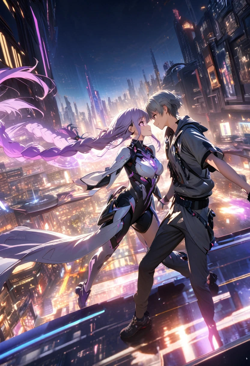 masterpiece, best quality, (Very detailed CG Unity 8k wallpaper), (best quality), (Best Illustration), (Best shadow), futuristic city background, floating in air,  (A couple, beautiful girl and boy), beautiful detailed eyes, Look at each other, purple hair,purple eyes,very long hair,grey hair,double braid,gradient hair, Smile, Beautiful Face,Glowing city lights, blured background, Luminous Particle Effects,(Particle Effects), Octane Rendering, Ray Tracing, Super detailed