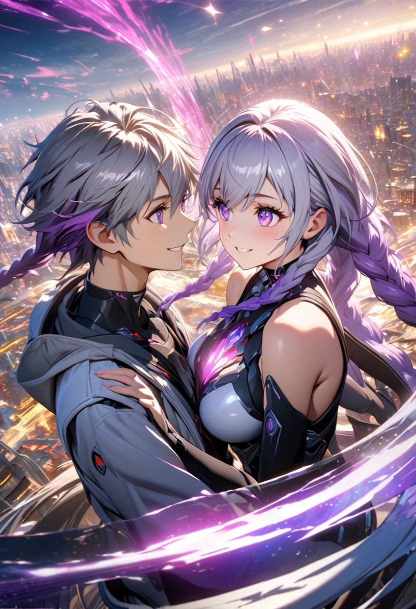 masterpiece, best quality, (Very detailed CG Unity 8k wallpaper), (best quality), (Best Illustration), (Best shadow), futuristic city background, floating in air, (A couple, beautiful girl and boy), beautiful detailed eyes, Look at each other, purple hair,purple eyes,very long hair,grey hair,double braid,gradient hair, Smile, Beautiful Face,Glowing city lights, blured background, Luminous Particle Effects,(Particle Effects), Octane Rendering, Ray Tracing, Super detailed