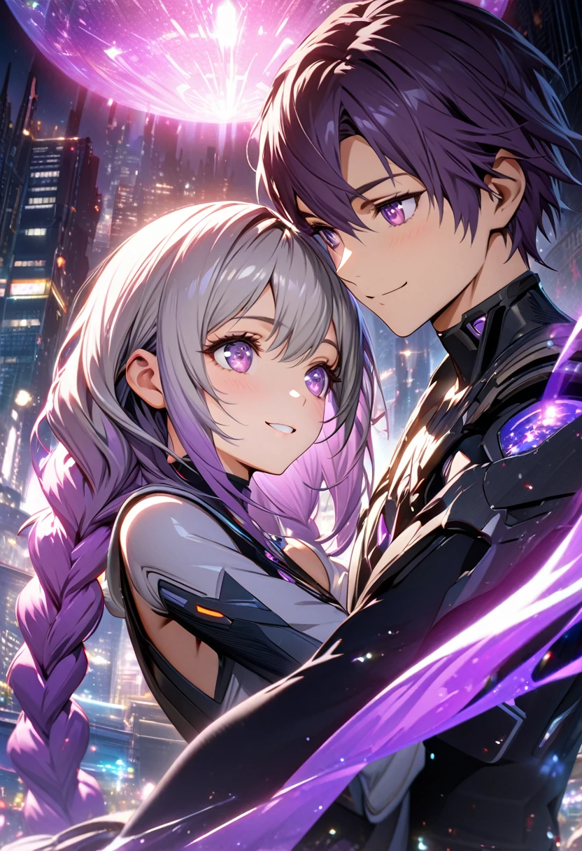 masterpiece, best quality, (Very detailed CG Unity 8k wallpaper), (best quality), (Best Illustration), (Best shadow), futuristic city background, floating in air, (A couple, beautiful girl and boy), beautiful detailed eyes, Look at each other, purple hair,purple eyes,very long hair,grey hair,double braid,gradient hair, Smile, Beautiful Face,Glowing city lights, blured background, Luminous Particle Effects,(Particle Effects), Octane Rendering, Ray Tracing, Super detailed