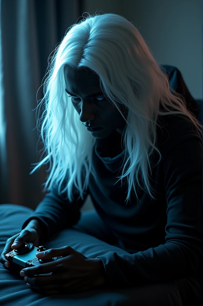 black with white hair playing video games