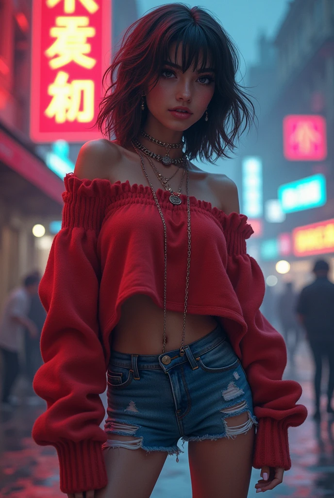 league of legends character,cool hip hop art, woman,one off-shoulder cropped sweater,torn jeans shorts,hip hop design,32k ultra fine detailed,cinematic,dynamic lighting,masterpiece,32k,high definition,cinema art,smooth,ultra high definition,ultra sharp focus,intricate artwork masterpiece