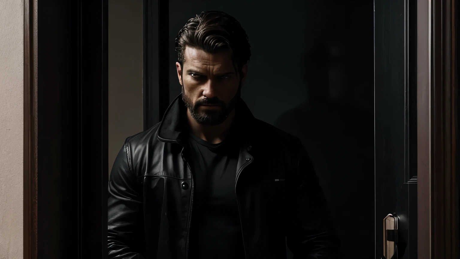 (Better image quality)A man, with a gloomy look and dark clothing, was at the door ;very realistic image .