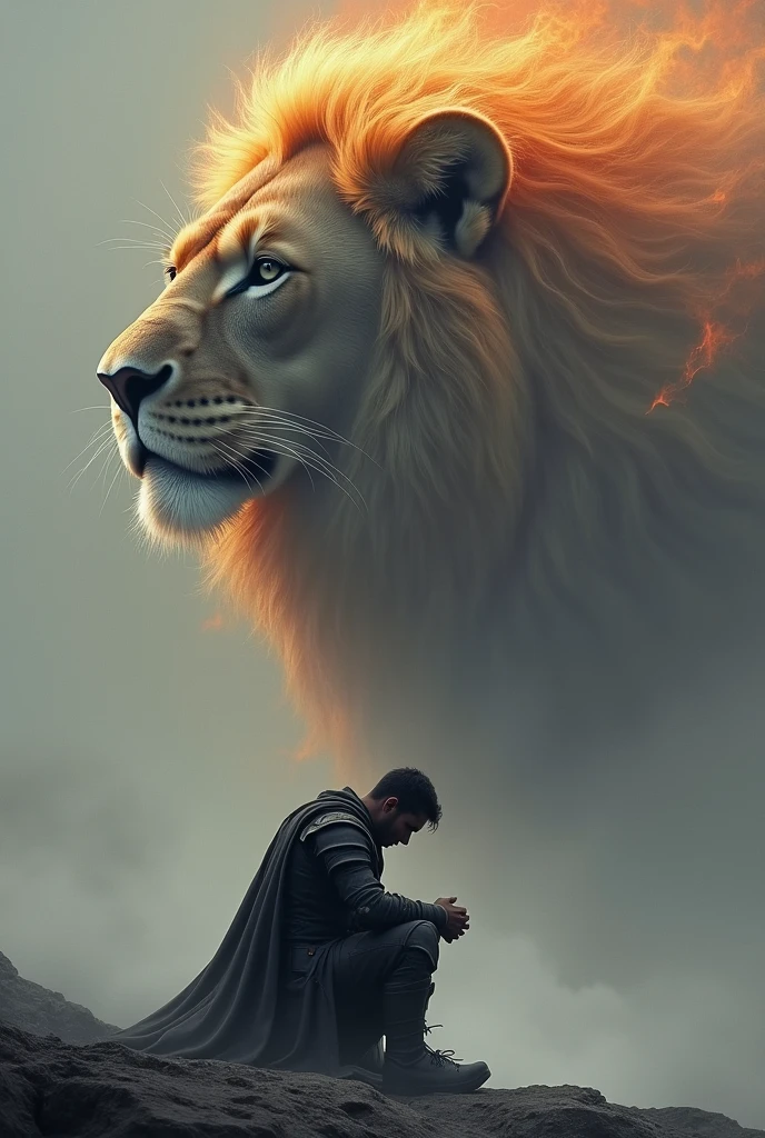 Soldier praying and in the background the head of a lion with a very large mane of fire on a gray background