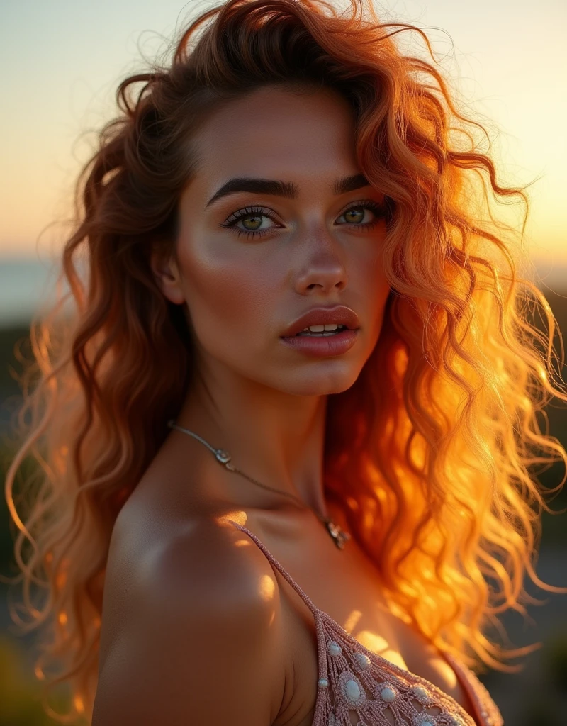 Ultra-realistic full-length portrait of a beautiful Italian model with a seductive charm and penetrating gaze. Eye shape reminiscent of almonds, luxurious lips, symmetrical face, magenta curly hair, flowing golden locks, beautiful body, delicate silver turns, full eyebrows, long eyelashes, serene and welcoming look looking at the camera during the golden hour .