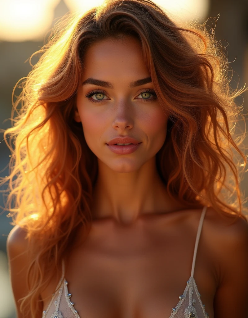 Ultra-realistic full-length portrait of a beautiful Italian model with a seductive charm and penetrating gaze. Eye shape reminiscent of almonds, luxurious lips, symmetrical face, magenta curly hair, flowing golden locks, beautiful body, delicate silver turns, full eyebrows, long eyelashes, serene and welcoming look looking at the camera during the golden hour .