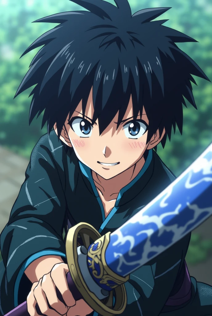 Demon Slayer Screenshot. 
Boy with black hair, white eyes, a scar on his left eye, a smile and a blue and white katana
