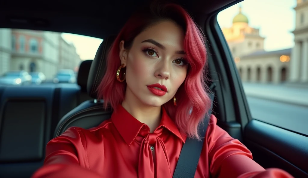 selfie photo of a androgynous ladyboy in a car, wearing a glamorous satin blouse with red tie, city of berlin in the background
