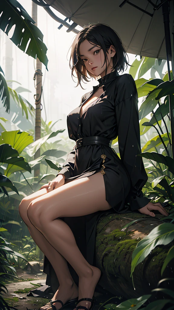 A young woman sat on top of a camp in the jungle. It was a rainy day. She was wearing a sexy short dress. Her hips were bad. She kept liquor bottles nearby. It was evening time.