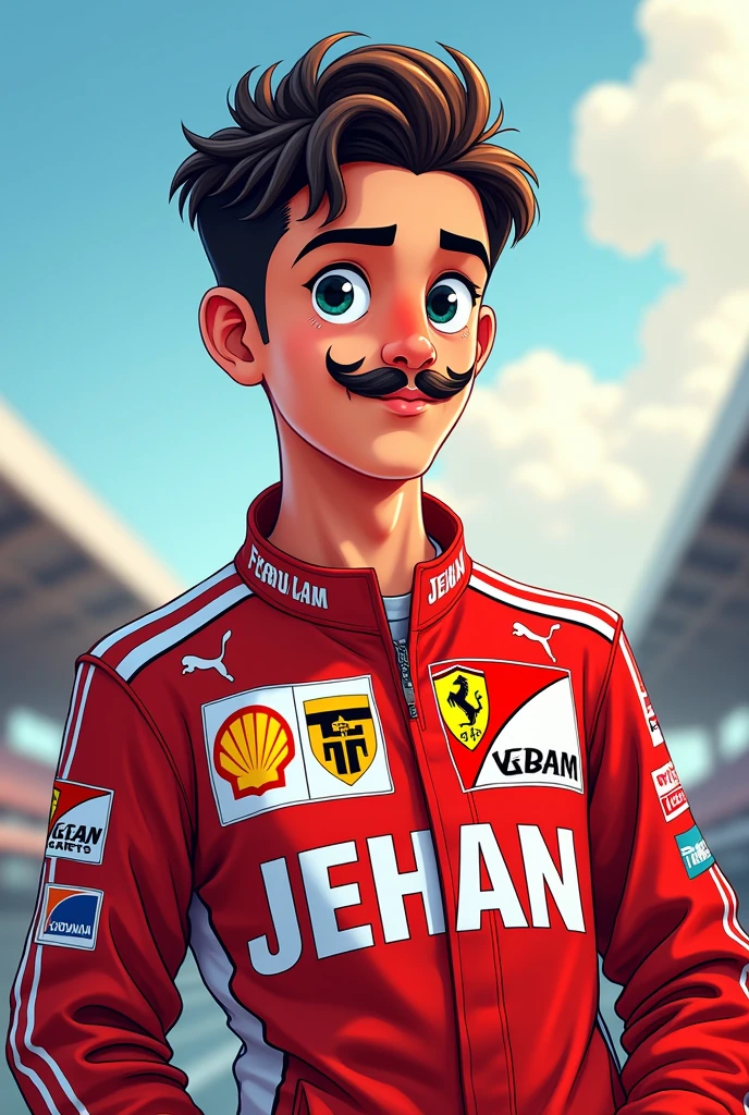 A 23 years age boy with a mustang name of jehan with a f1 jersy cartoon art 
His jersy name is JEHAN with big Alphabet 4k

