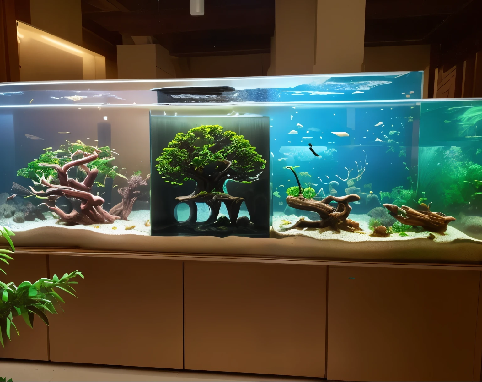 long table aquarium on a white stand, banyan shaped small tree in the center of the aquarium