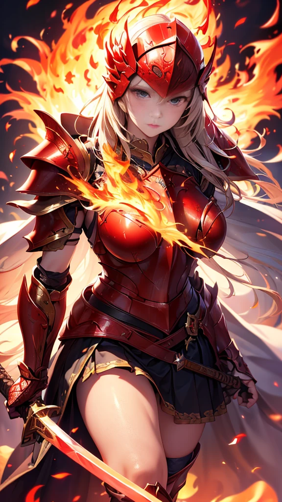 Very beautiful woman、Slender women、(Detailed face)、Realistic Skin、((Knight of Fire)), (((Red Armor:1.25)))、((((Highly detailed and intricately decorated black armor))))、((Delicate photo))，(Girl Astepeace RAW Photo Details:1.25), (Highest quality:1.6), (Ultra-high resolution:1.5), (Realistic:1.75), 8k resolution, Canon EOS R5, 50mm, Absurd, Very detailed,Cinema Lighting,Battlefields of Medieval Europe、((Fight))、RPG World、Final Fantasy、(((Decorative skirt)))、Thigh-high socks、Shingard、night、、Get a six pack、Torn Cloak、Beautiful Armor、(((Giant Sword)))、In combat、The wind is blowing、(((Flames covering the area)))、(((Leading a large group of red knights)))、(((Knight Commander)))、Armor with a phoenix motif、Old scar on right cheek:1.2、((fire))、(((Battle Scenes)))