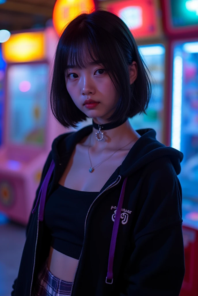 Cinematic lighting、(key light:Front diagonal 45 degrees, fill light、Backlight、shadow、blue and orange color palette), accurate human body、detailed person、Correct five-finger、RAW photo、 4K - ultra-vivid、highest quality, masterpiece, ultra high resolution, (reality: 1.4),
(((oil skin,sparkling skin、realistic skin texture、detailed beautiful skin、shiny skin、shiny skin)))、
upper body shot, camera angle is low, Depth of the bounds written, Focus on the center, fine eyes, perfect face and eyes、
At the amusement arcade, game console, game machine,
girl, short bob black hair, , black Hoodie with pockets, plaid miniskirt, purple collar, black face mask, piercing,
big breasts, slender, standing , naughty,
zettai ryouiki, absurd resolution, absurd detailed, best quality, (((big breasts、big cleavage)))、Forehead exposed、17 year ol