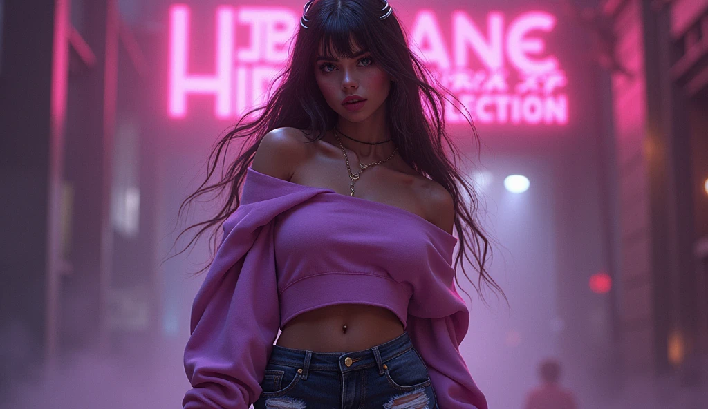 league of legends character,cool hip hop art, woman,one off-shoulder cropped sweater,torn jeans shorts,hip hop design,32k ultra fine detailed,cinematic,dynamic lighting,masterpiece,32k,high definition,cinema art,smooth,ultra high definition,ultra sharp focus,intricate artwork masterpiece