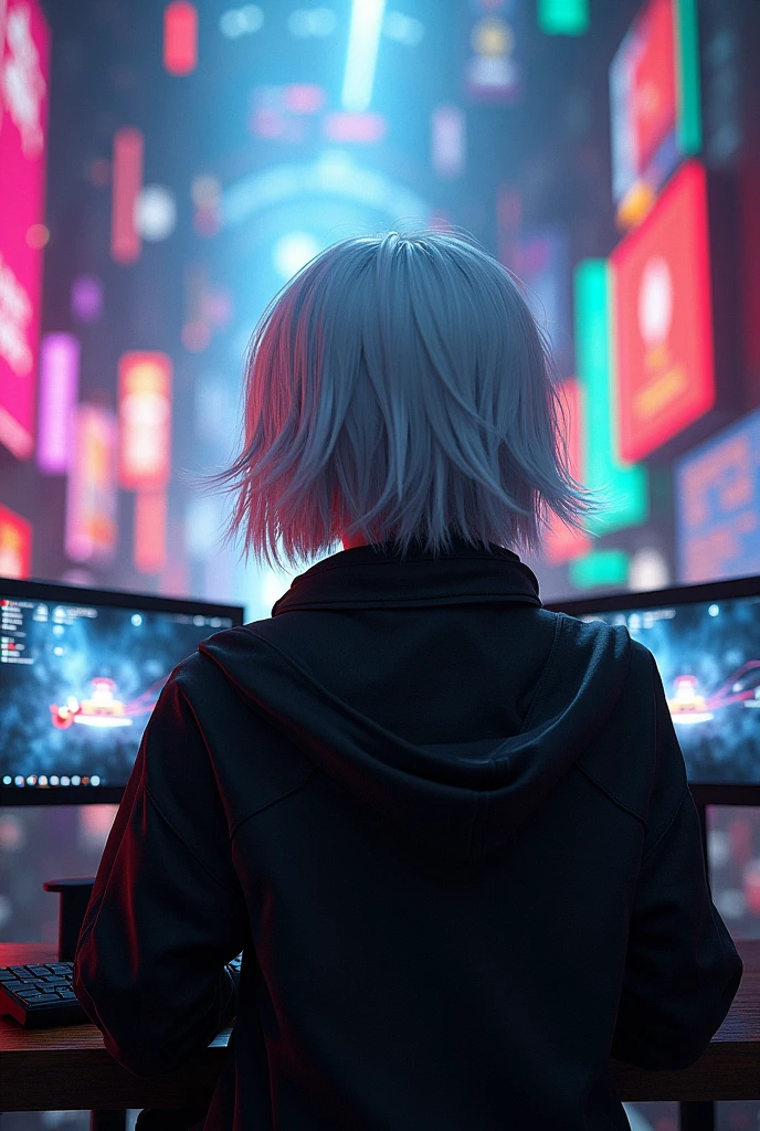 black with white hair playing video games with lots of color