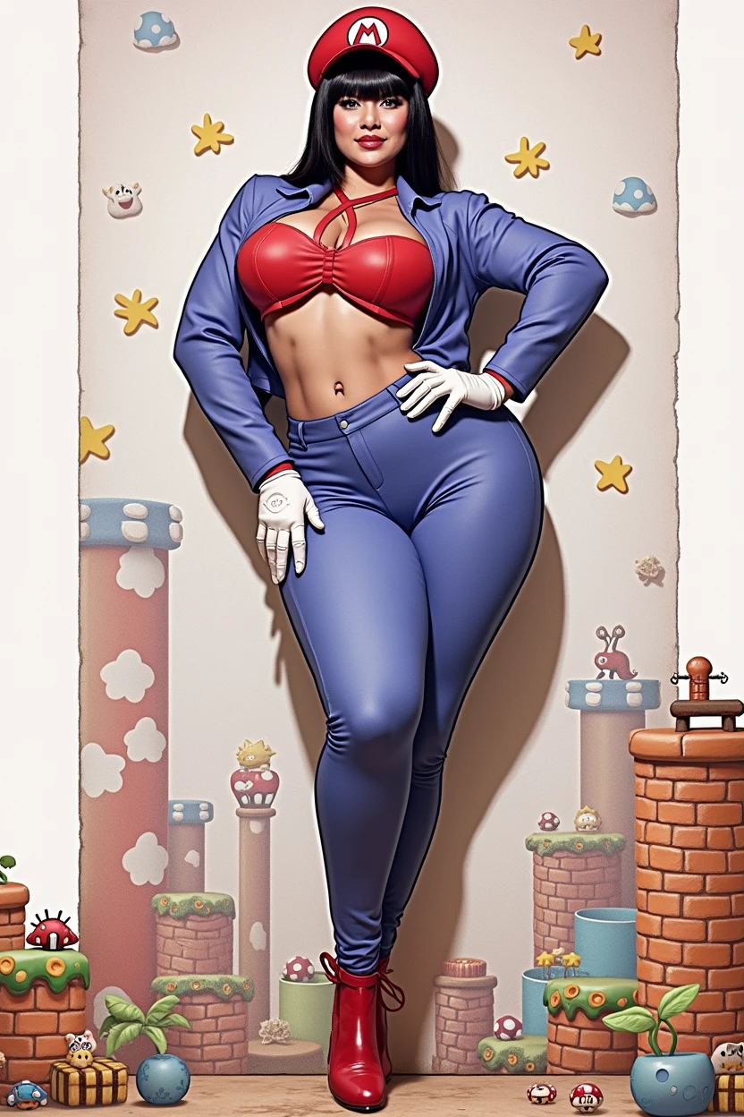 A stunning woman with straight black hair, big hips, vestida con un divertido disfraz de mario. He wears a red cap with a logo on it. "m", a red crop top, a blue jumpsuit with a strap down, white gloves and red boots. She is standing with a funny pose, a hand on the hip and a cheeky smile. El fondo muestra un mundo extravagante de mario con plataformas flotantes y potenciadores.