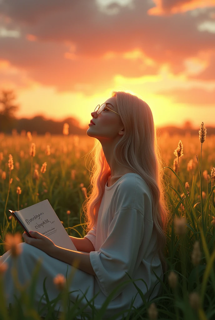 A girl with long hair wearing glasses, white skin sitting in the middle of a beautiful field looking up at the sunset sky with a notebook Cover of a book titled: Beyond everything