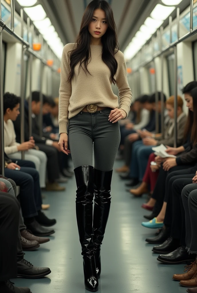 Really Pretty Asian girl wearing glossy black thigh high boots on subway train. Very tall boots, going right up to her crotch. High heels. Wearing them over dark grey leggings with a beige jumper. People looking at her