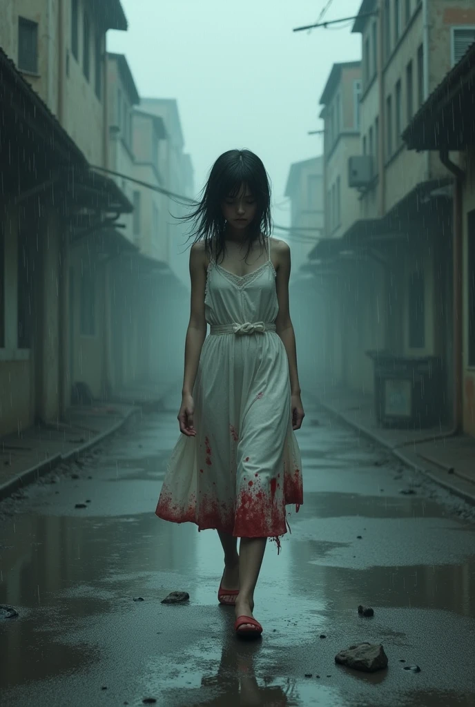 A teenage girl walking in the rain wearing a blood-stained dress