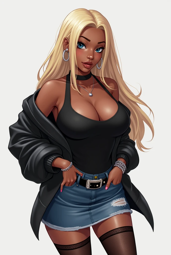 masterpiece, uncensored, , curvy, waifu, torn clothes, 1girl, beautiful dark skinned African female,  android 18, breasts, torn shirt, torn legwear, blonde hair, skirt, jacket, torn sleeves, clothing cutout, rating:safe, solo, leather jacket, cleavage, denim skirt, belt, shirt, long sleeves, bare shoulders, blue eyes, collarbone, off shoulder, fishnet stockings, torn skirt, looking at viewer, torn pants, long hair, black shirt, medium breasts, pantyhose, spiked belt buckle, large breastackground, standing, hair intakes, open jacket, cleavage cutout, black legwear, tank top, pencil skirt, closed mouth, grey background, white background, buckle, cowboy shot, looking away, torn jacket, from above, miniskirt, black belt, open clothes, earrings, aqua eyes,(gigantic and massive tits:1.1), breasts, curvy milf, 1:2), closeup, titsnipples, sensuous,  provocative,  spread legs , bracelets