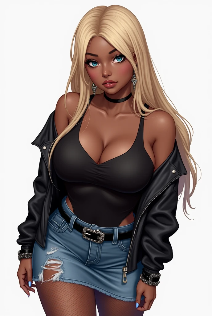 masterpiece, uncensored, , curvy, waifu, torn clothes, 1girl, beautiful dark skinned African female,  android 18, breasts, torn shirt, torn legwear, blonde hair, skirt, jacket, torn sleeves, clothing cutout, rating:safe, solo, leather jacket, cleavage, denim skirt, belt, shirt, long sleeves, bare shoulders, blue eyes, collarbone, off shoulder, fishnet stockings, torn skirt, looking at viewer, torn pants, long hair, black shirt, medium breasts, pantyhose, spiked belt buckle, large breastackground, standing, hair intakes, open jacket, cleavage cutout, black legwear, tank top, pencil skirt, closed mouth, grey background, white background, buckle, cowboy shot, looking away, torn jacket, from above, miniskirt, black belt, open clothes, earrings, aqua eyes,(gigantic and massive tits:1.1), breasts, curvy milf, 1:2), closeup, titsnipples, sensuous,  provocative,  spread legs , bracelets