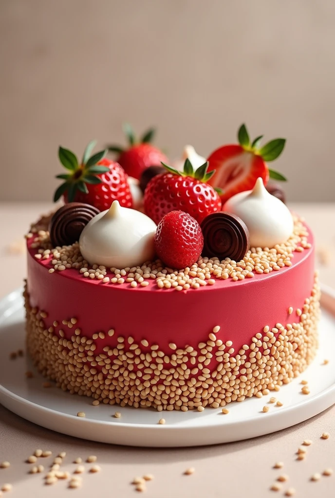 A red sesame cake with more white with fruit on top, spread with sesame with chocolate decorations on top with sesame but around the edge will be the drawing for a brand 
