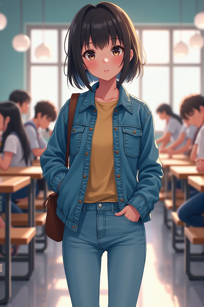 anime girl wearing jeans and a jacket inside the school cafeteria