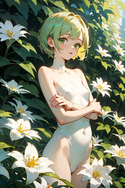 young white girl, short-haired green, green eyes, without any clothes showing her body in a garden of beautiful flowers