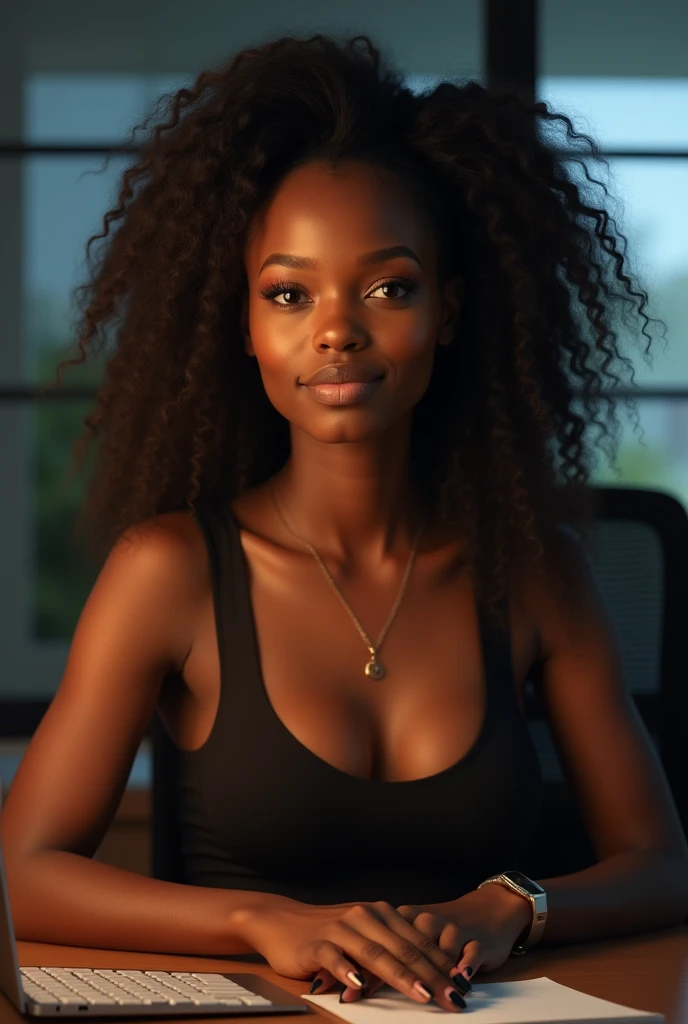 a gorgeous African girl with long dark hair, detailed eyes, nose, and lips, large breasts, wearing  a tank top, sitting in her office, using her computer, hp computer (best quality,4k,8k, highres,masterpiece:1.2),ultra-detailed,(realistic,photorealistic,photo-realistic:1.37),HDR,studio lighting,extremely detailed face and body, portrait,cinematic lighting,dramatic lighting,warm color tones,dramatic colors, Seed 1302641530