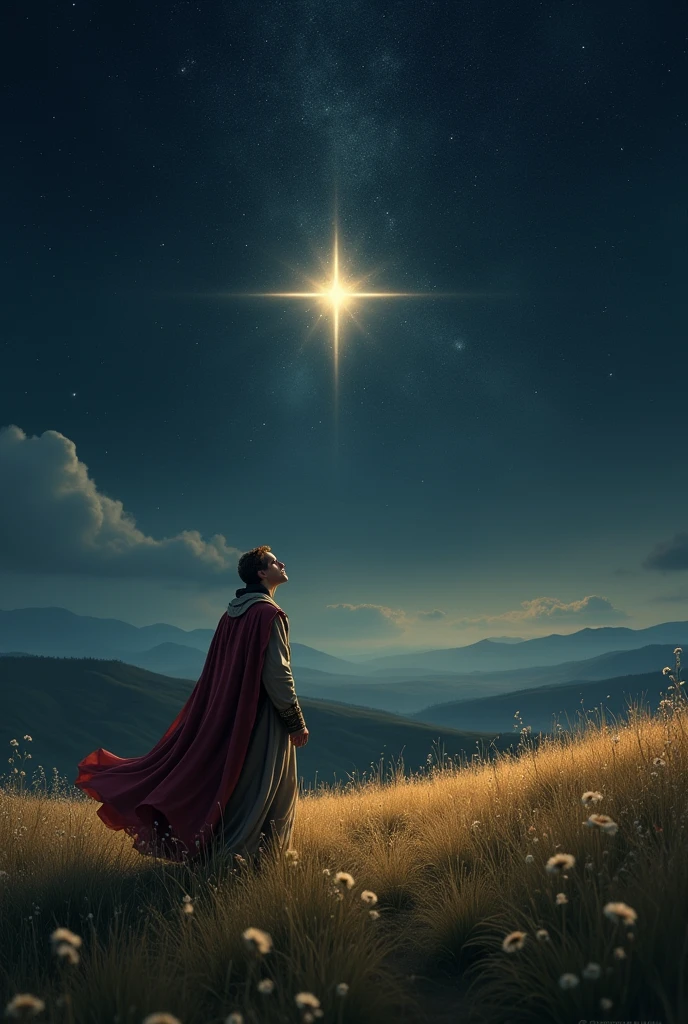A prince in the field admiring the brightest star among other stars 
