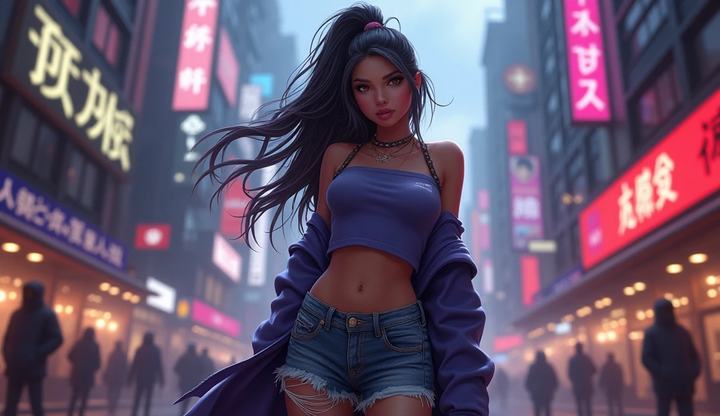 league of legends character,cool hip hop art, woman,one off-shoulder cropped sweater,torn jeans shorts,hip hop design,32k ultra fine detailed,cinematic,dynamic lighting,masterpiece,32k,high definition,cinema art,smooth,ultra high definition,ultra sharp focus,intricate artwork masterpiece