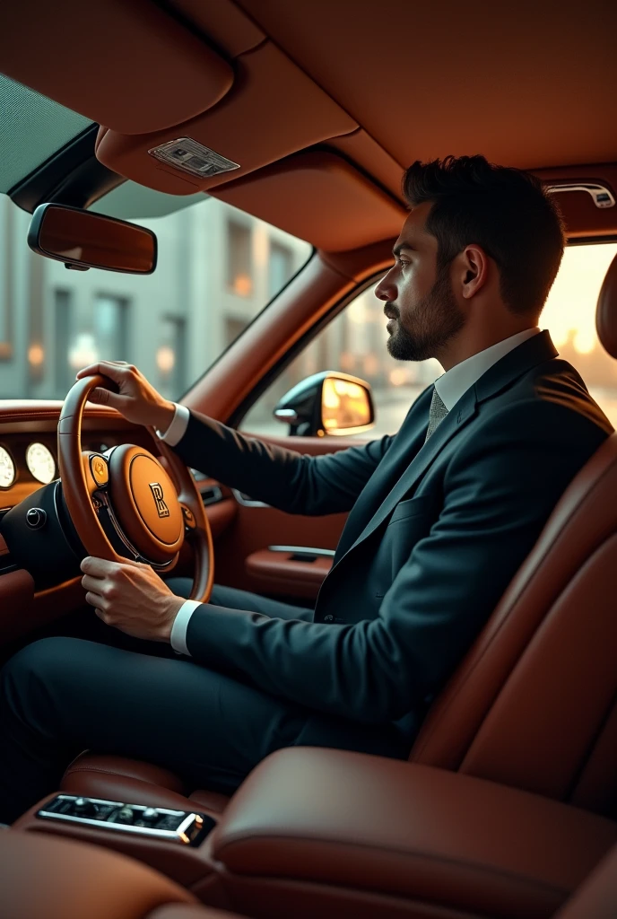 Showing the interior of a Rolls-Royce Phantom with a man driving
