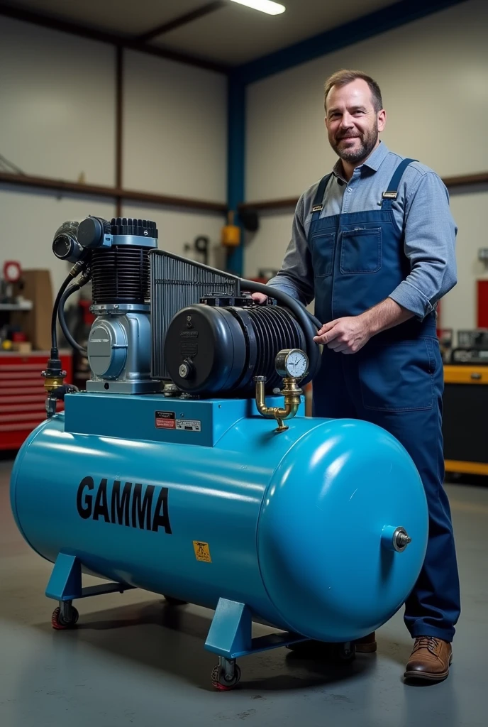 A mechanic using the light blue GAMMA brand air compressor written in black, with a 100L tank , 3hp power, Double belt head in a workshop, with an expression of satisfaction. and 8K