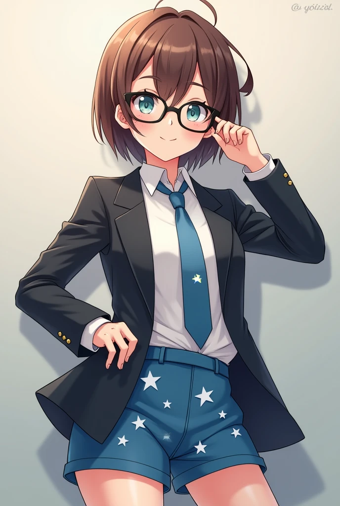 Anime character, with hair brown, black glasses, dressed in a suit, with blue shorts with a white star print