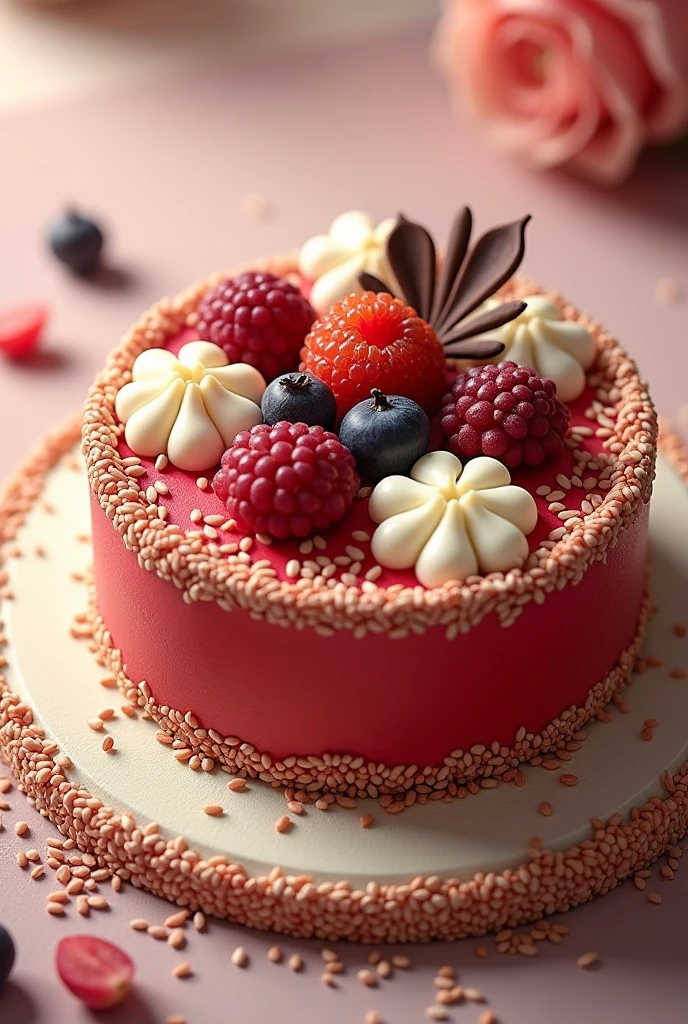 A red sesame cake with more white with fruits on top, spread sesame with chocolate decorations in the shape of flowers on top with sesame but around the edge will be the drawing for a brand
