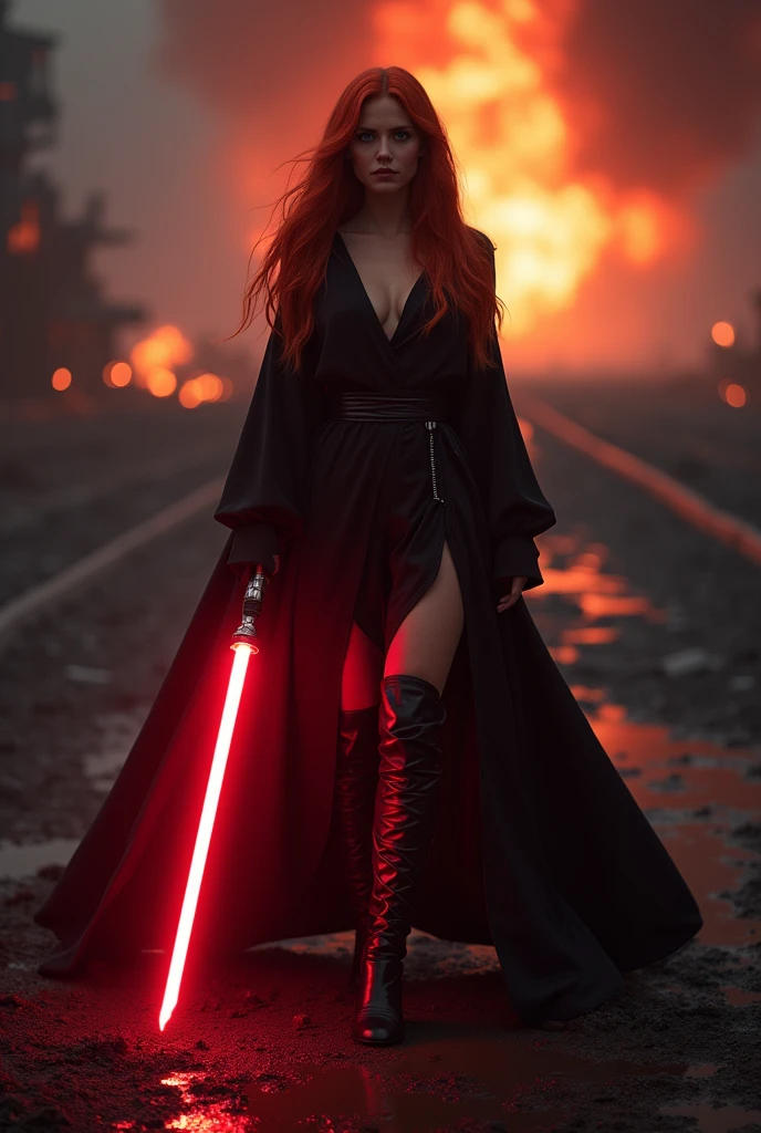 (full body shot:1) photorealistic image of a (standing pose:1) woman, ultrarealistic, photography, long red hair, woman, 24 years old, hourglass figure, perfect body, seductive look, natural medium breasts, blur background, in complete darkness, she is wearing a sith robe, she is holding a red lightsaber, the lightsaber is the only lightsource, on a dark destroyed space colony outside, it is raining, there is lightning in the background, she is walking towards the camera, explosion in the background, long sexy legs, wet clothes, wet hair