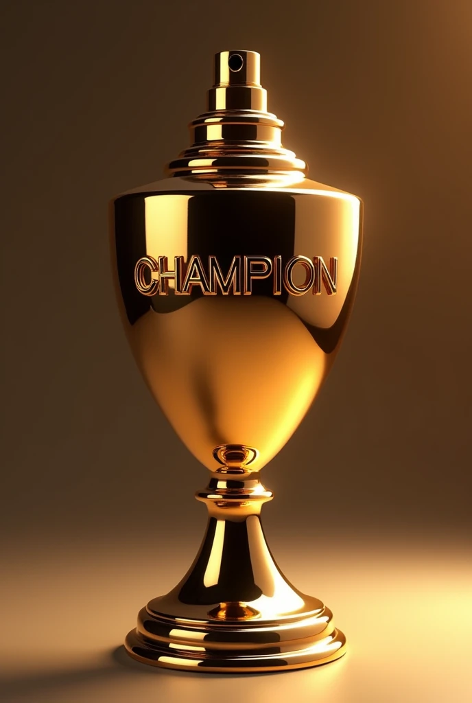 A perfume bottle but instead of a bottle it's a champions cup and has the words CHAMPION on it and has a spray on the top of it