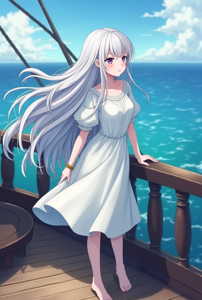 Anime character. A young woman with very pale skin, purple eyes, very long wavy white hair. She is wearing a simple white dress, standing on the deck of a pirate ship, she is observing the sea with a melancholic and sad look. She has a golden bracelet on her right ankle, her hair are floating with the wind. 