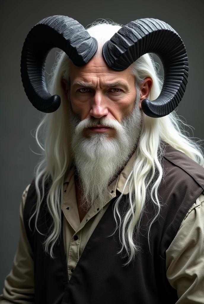 Pale strong man. black ram horns on the head. white long hair. yellow eyes without pupil. blacksmith clothes