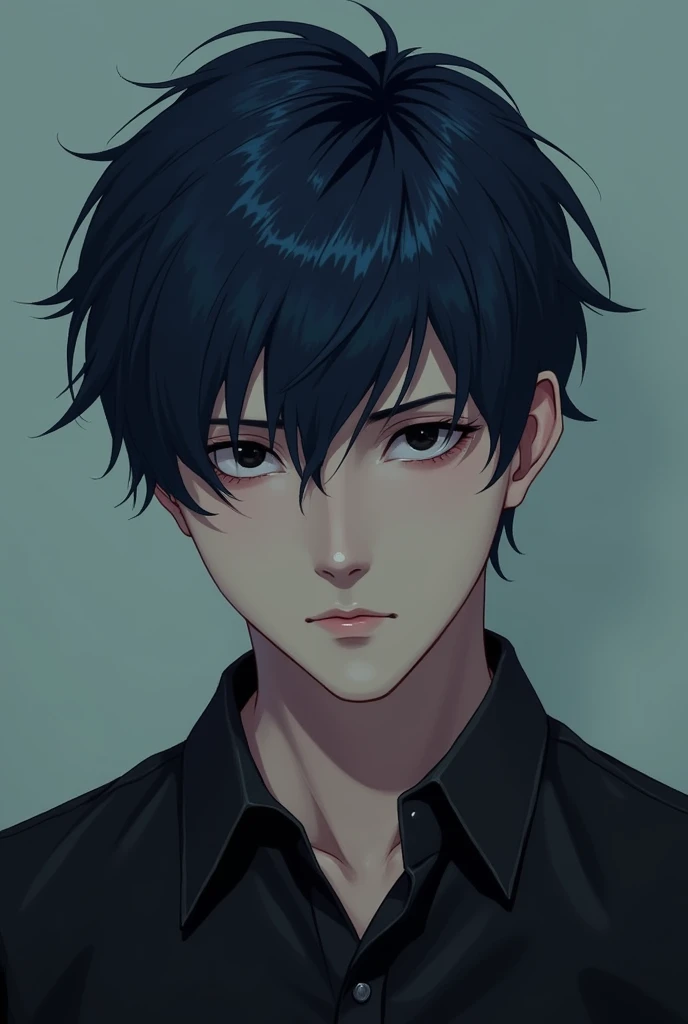 Tall boy, with black eyes, short dark blue hair, age 20
