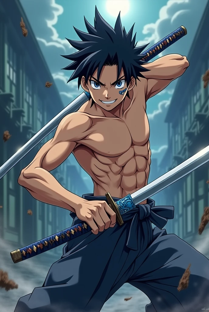 Demon Slayer Screenshot.
Boy with black hair, white eyes, a scar on his left eye, a smile and a blue and white katana. Muscular body, no shirt, and baggy pants.