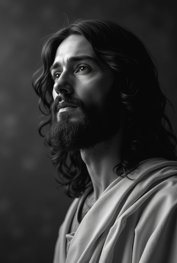 A touching black and white image of Christ with editing effects and him being a little far from the camera